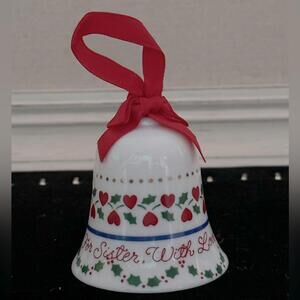 Vintage Hallmark 1985 Christmas bell with Hand painted hearts and red ribbon